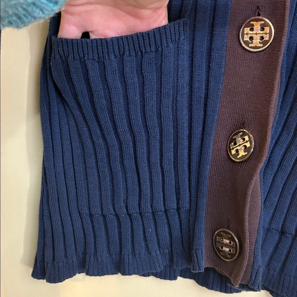 Tory Burch Simone Navy Brown Ribbed 100% Cotton V Neck Button Knit Cardigan S - Picture 6 of 13
